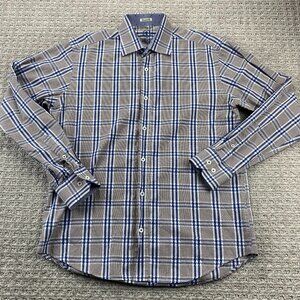 BUGATCHI UOMO Shirt Men Medium M Brown Blue Checkered Button Up Long Sleeve Polo